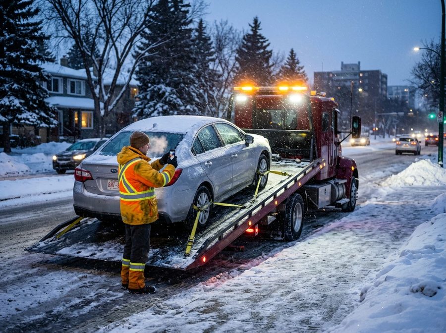 A Parker Tow & GO operator photographing a car on a flatbed truck during a snowy Edmonton evening