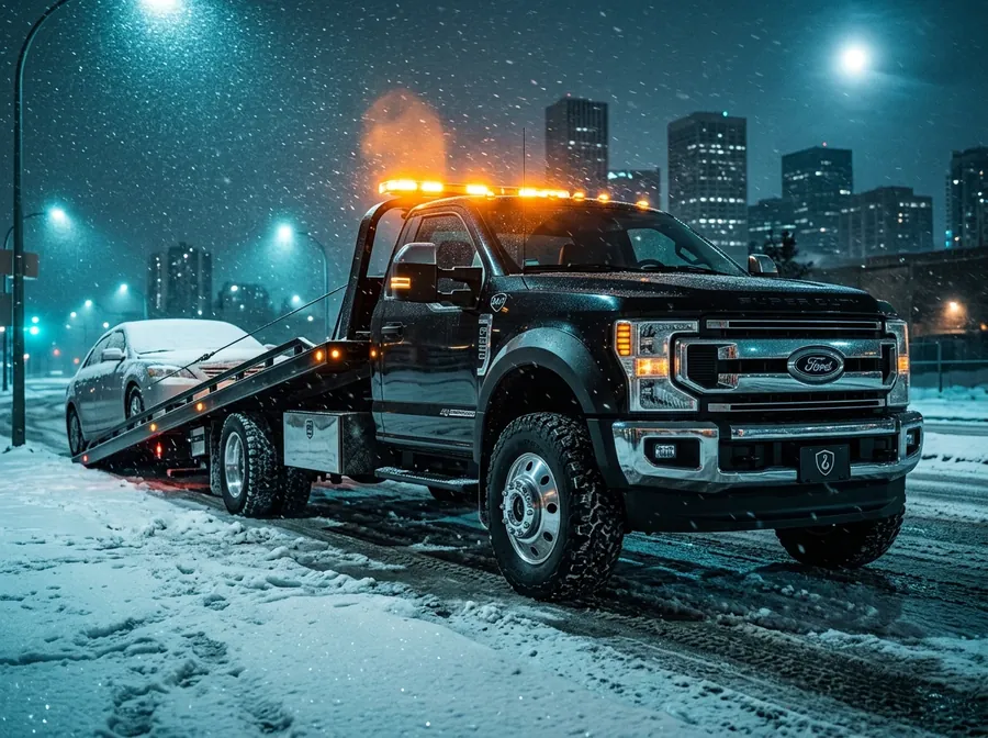 Parker Tow & GO flatbed truck loading a car on a snowy Edmonton street at night