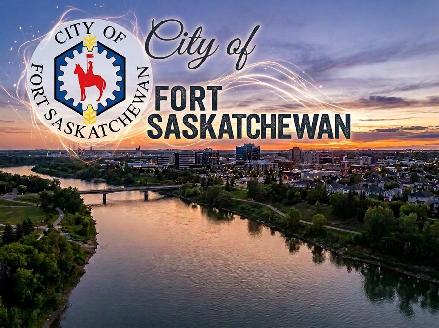 Aerial view of Fort Saskatchewan, AB along the North Saskatchewan River at dusk