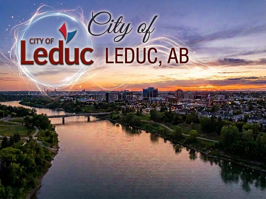Aerial view of Leduc, AB at dusk