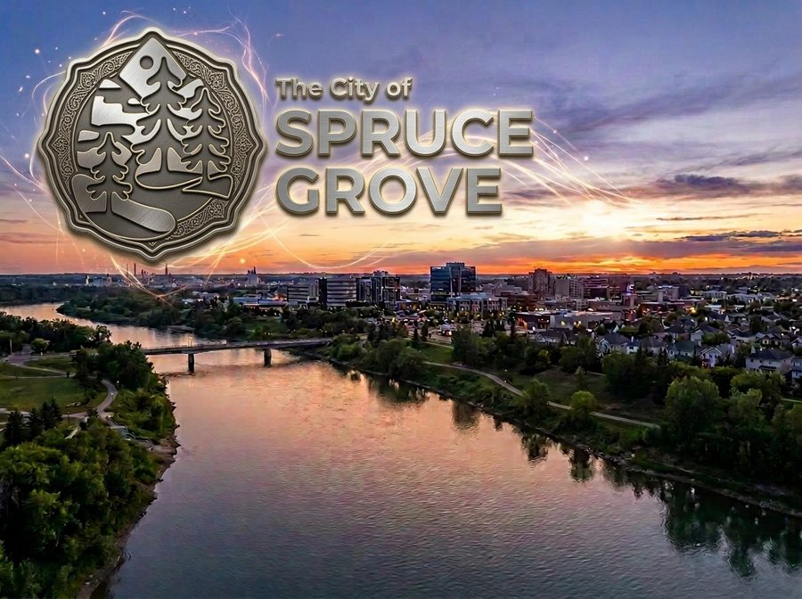 Aerial view of Spruce Grove, AB at dusk