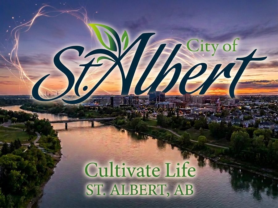 Aerial view of St. Albert, AB along the Sturgeon River at dusk